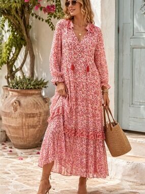 Anthropologie Floral Tiered Maxi Dress Pink Boho Cottagecore Tassel Tie Medium